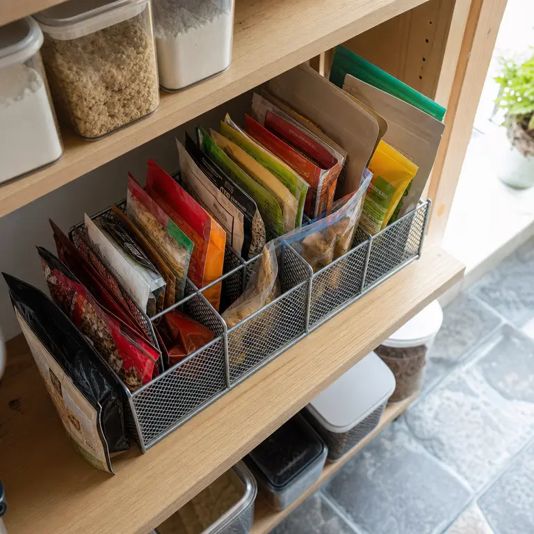 Food pouches and seasoning packets stored upright in a metal file sorter.