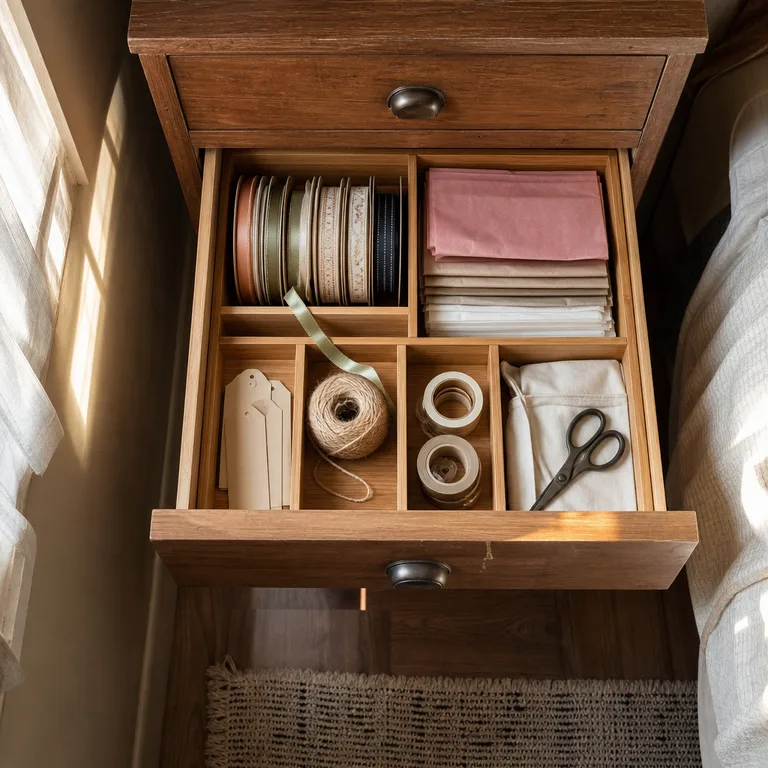 A divided bedroom dresser drawer storing ribbon, tissue paper, gift tags, tape, and protected scissors.