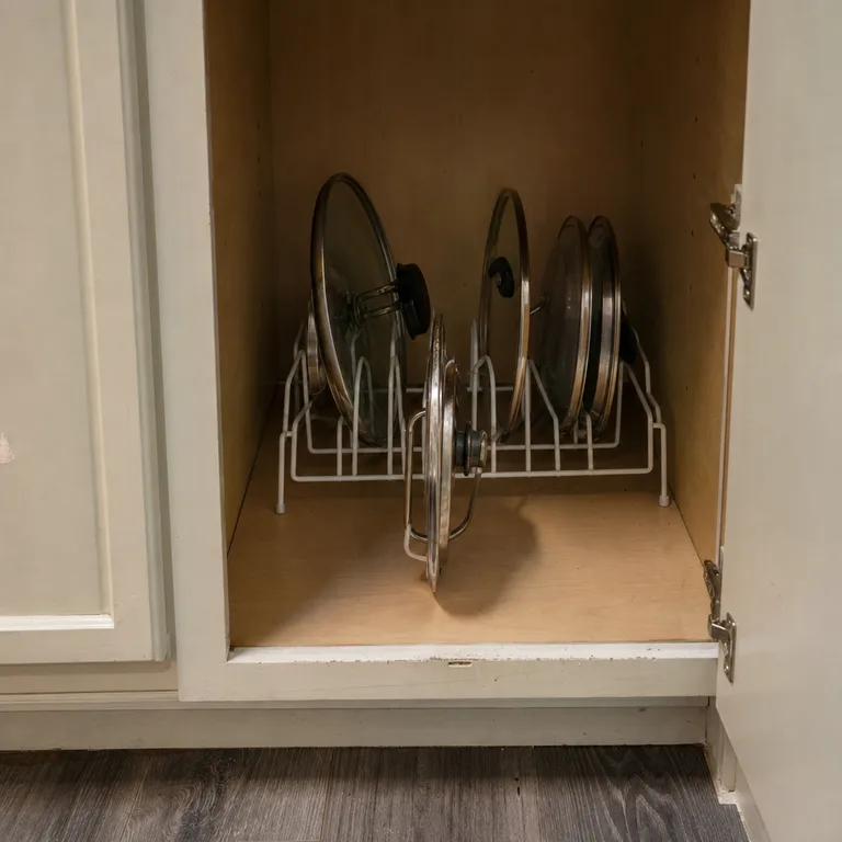 Adjustable wire rack holding pot lids upright inside a deep base cabinet.