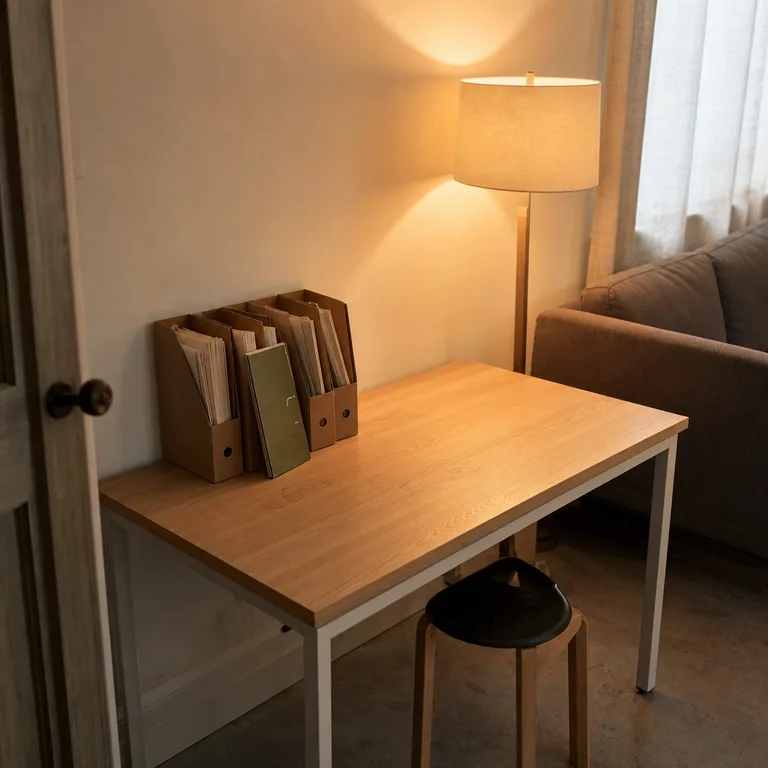 Vertical file holders contain active papers along the back edge of a small desk.
