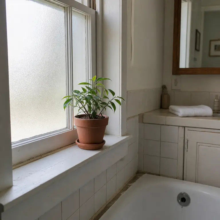 A small leafy plant in a simple pot adds softness to a dated bathroom windowsill.