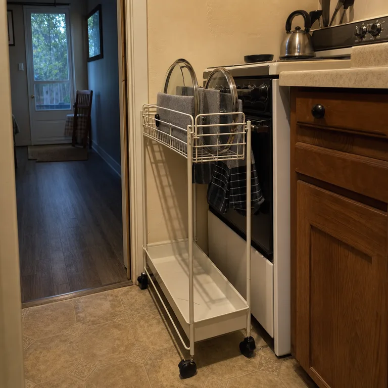 Pot lids stored upright in the wire basket of a slim rolling kitchen cart.