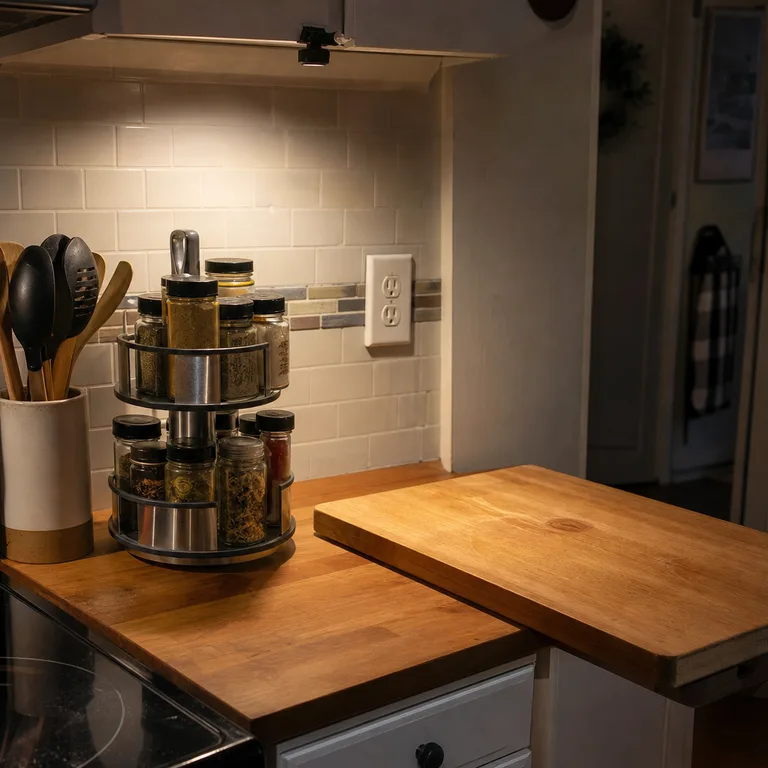 A compact freestanding spice carousel holding mixed containers on a small kitchen counter.
