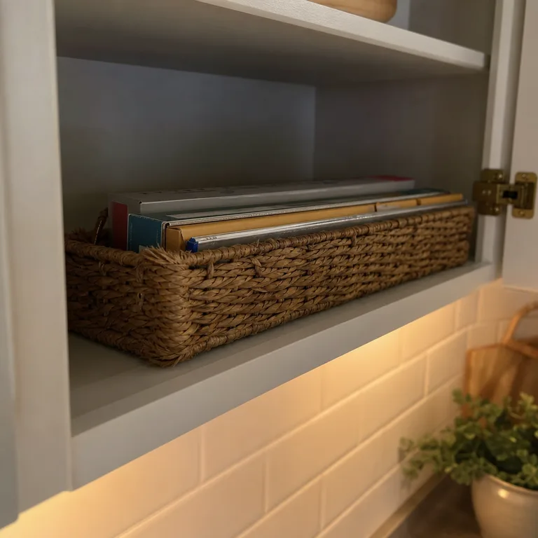 Food-wrap boxes stored flat in a slim woven basket on a kitchen cabinet shelf.