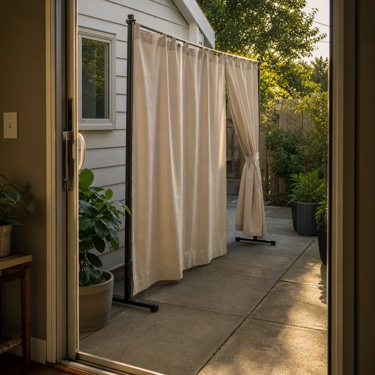 A canvas curtain on a freestanding frame screens the side of a narrow patio.