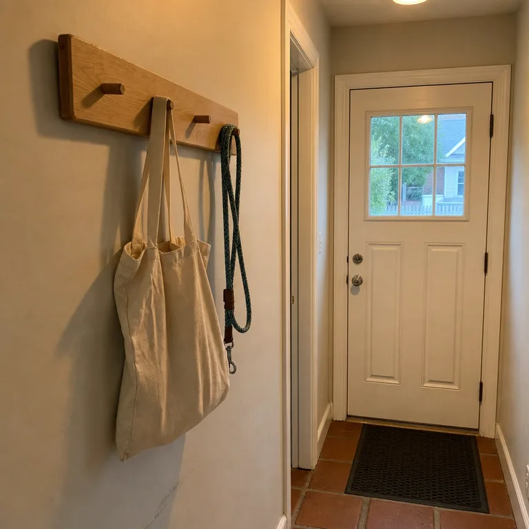 A short oak hook rail holds a canvas tote and leash beside a narrow front door.
