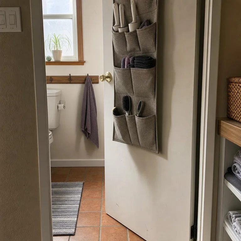 An over-door pocket organizer holds cloths and lightweight laundry tools behind a utility-room door.