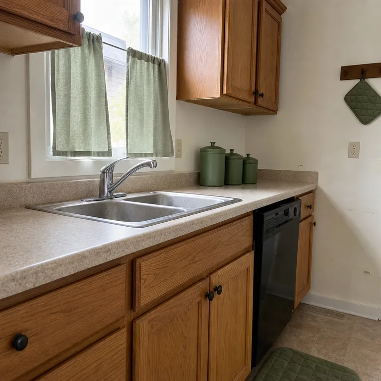 Sage window curtain, matching canisters, and floor mat beside oak kitchen cabinets.