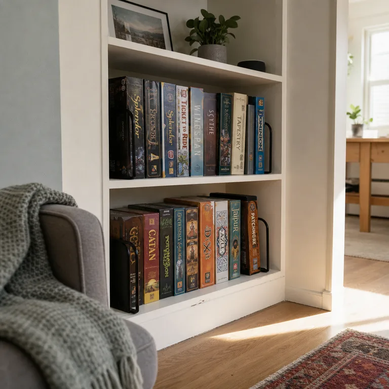 Board game boxes arranged like books on a dedicated living room bookcase shelf.