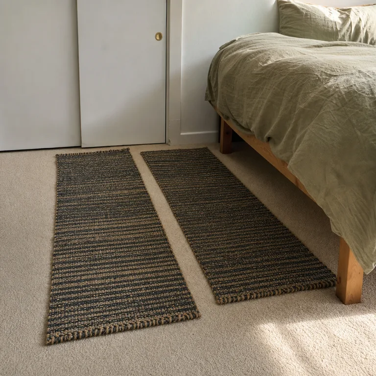 Matching narrow runners placed on both sides of a bed over existing bedroom carpet.