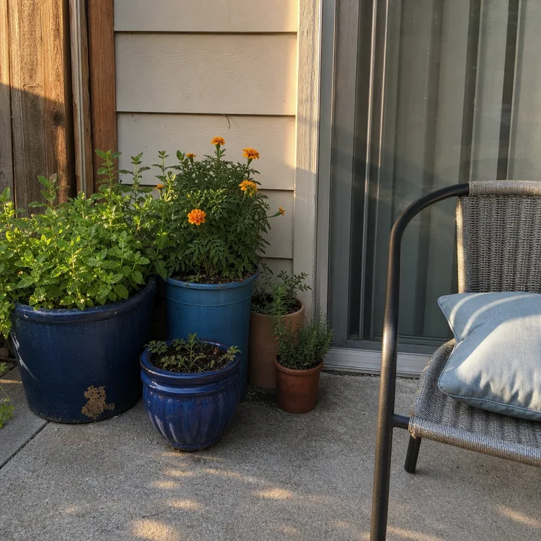 Blue-toned mismatched pots repeat one color in a patio plant grouping.
