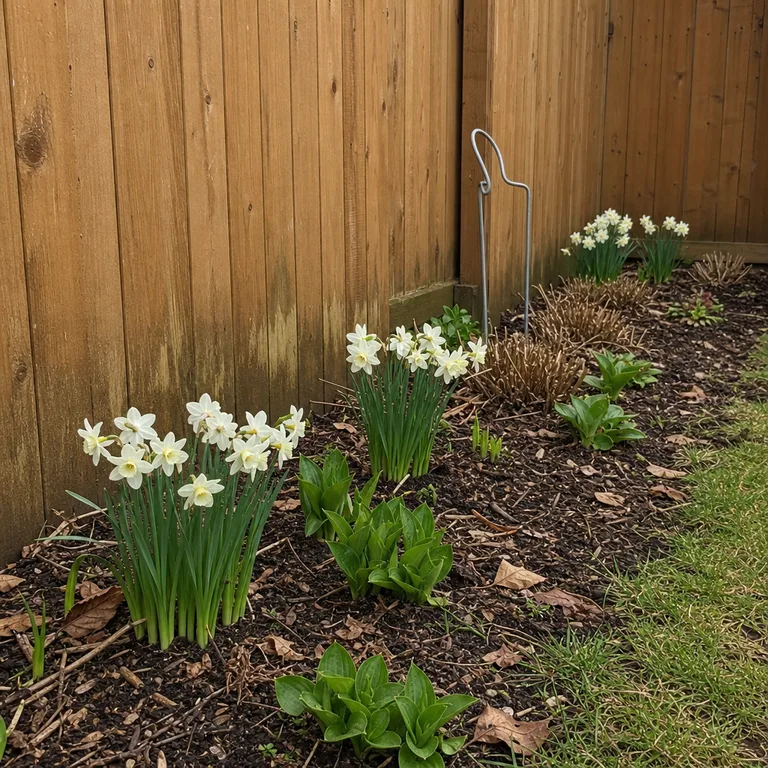 White daffodils bloom between emerging hostas and dormant perennials in a backyard bed.