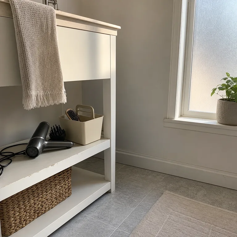 A handled plastic caddy holding cooled hair tools on the lower shelf of a small bathroom vanity.