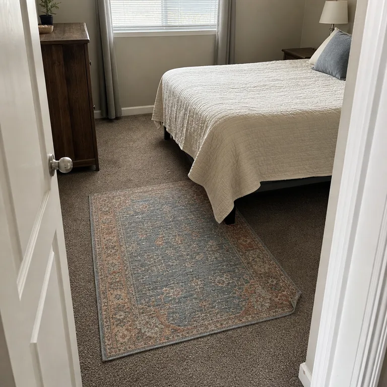 Small blue and terracotta rug placed at the foot of a bed on taupe carpet.