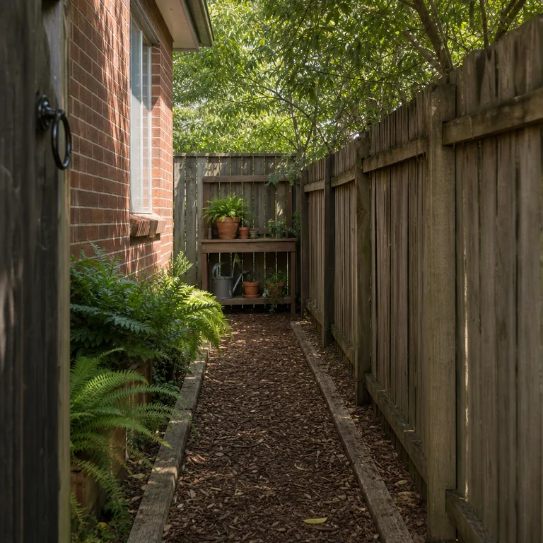 A bark path with timber borders runs through a narrow side yard toward a potting bench.