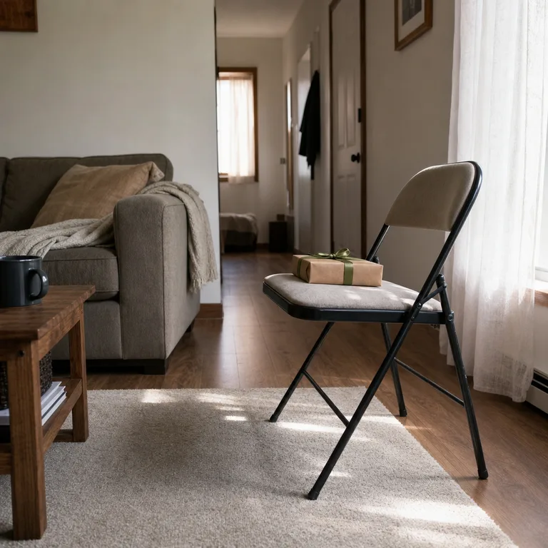 A lightweight folding chair creates one temporary gift-opening seat at the edge of a small living room.