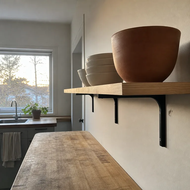 A large terracotta mixing bowl beside smaller stacked stoneware bowls on a kitchen shelf.