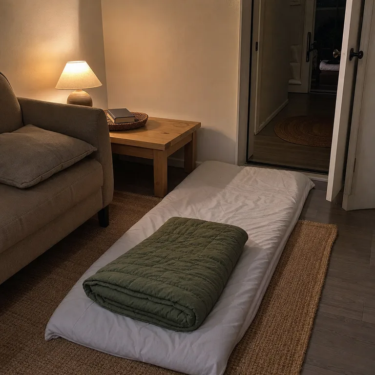 A slim guest floor pad beside a sofa after a small coffee table has been moved to the wall.