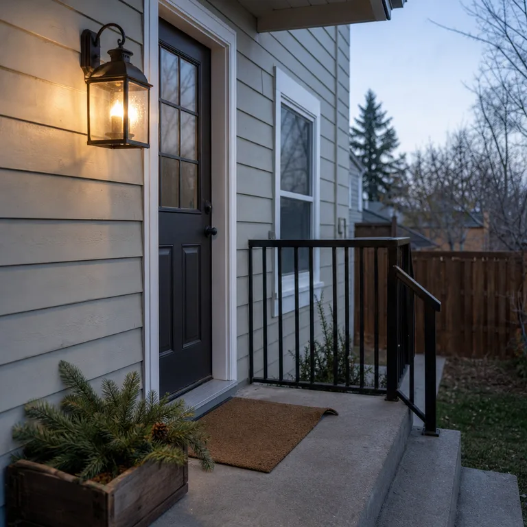 A black wall-hung lantern with a candle glows beside a clear small porch landing.