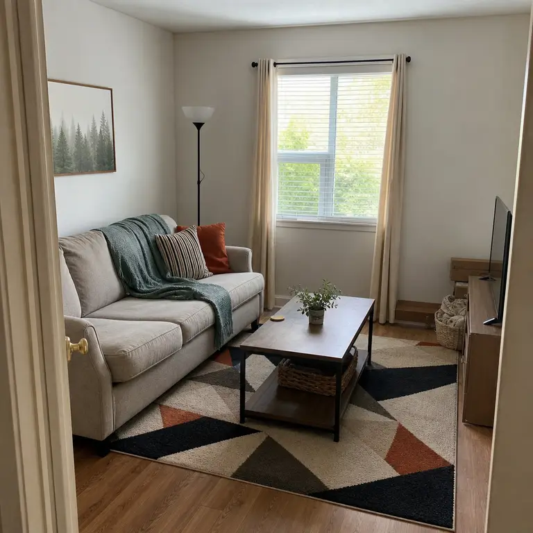 A small living room with a geometric rug defining the seating area.