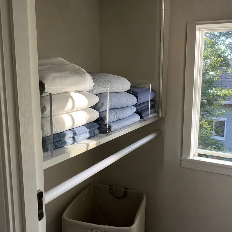 Shelf dividers separate stacks of folded sheets in a bedroom closet.