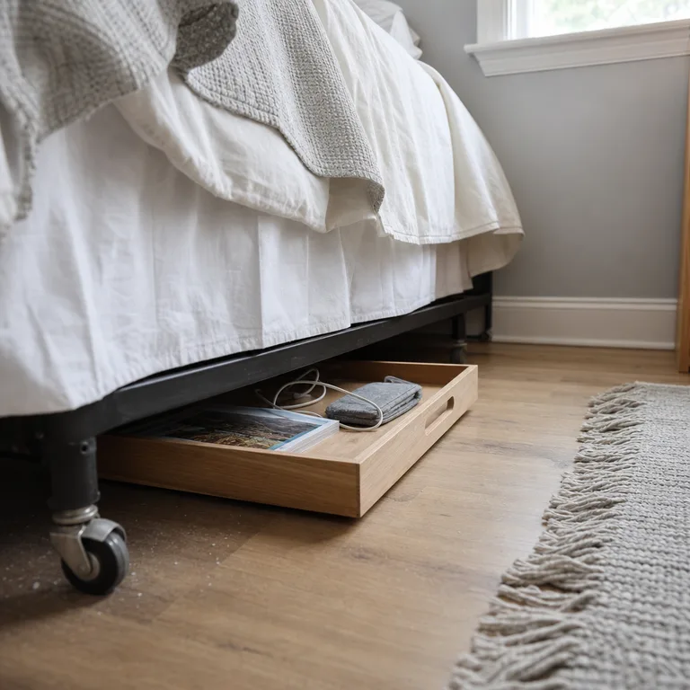 A shallow wood tray slides out from under a metal bed frame to keep bedside items within reach.