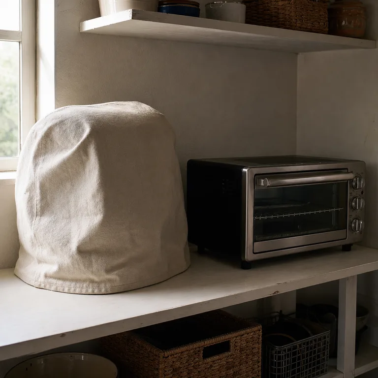 A cooled stand mixer covered for dust protection on an open pantry shelf.
