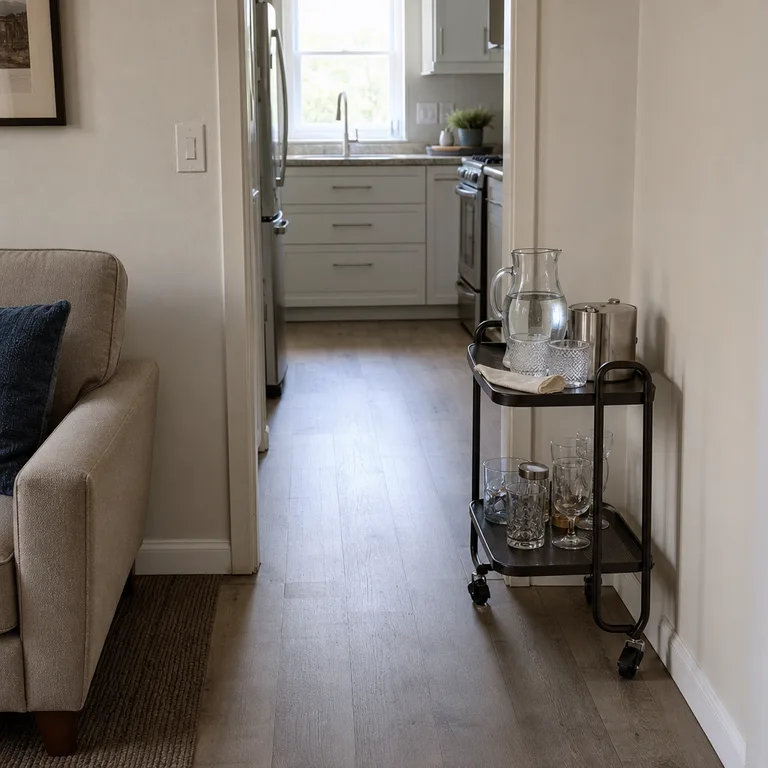 A slim drink cart placed beside the kitchen opening keeps the refill area clear of the main traffic route.