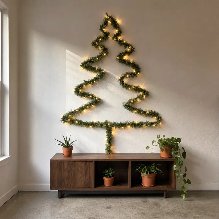 A flat garland Christmas tree is mounted above a low console table, leaving the living-room floor open.