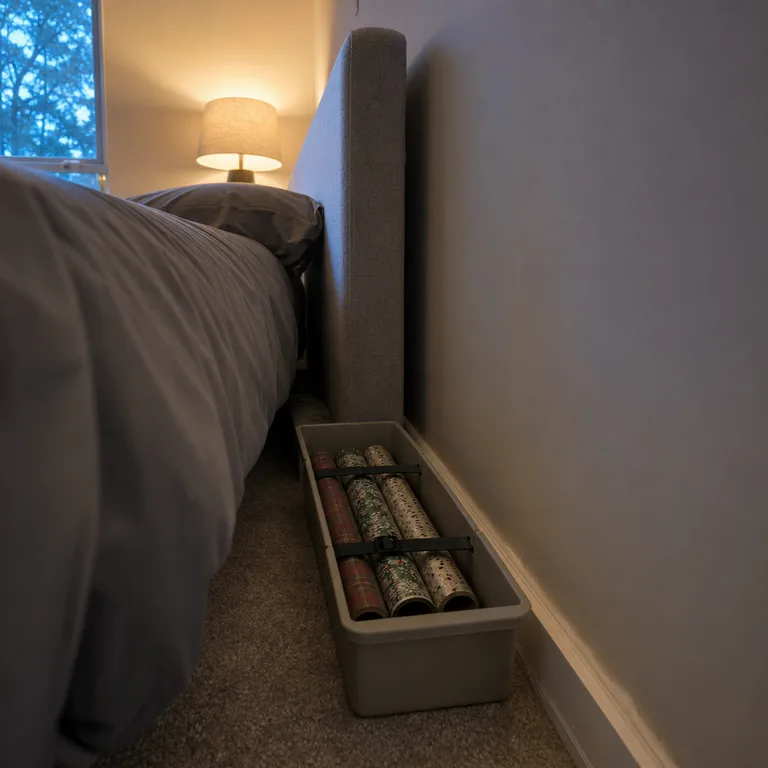 A low bin behind a bedroom headboard holding secured wrapping-paper rolls.