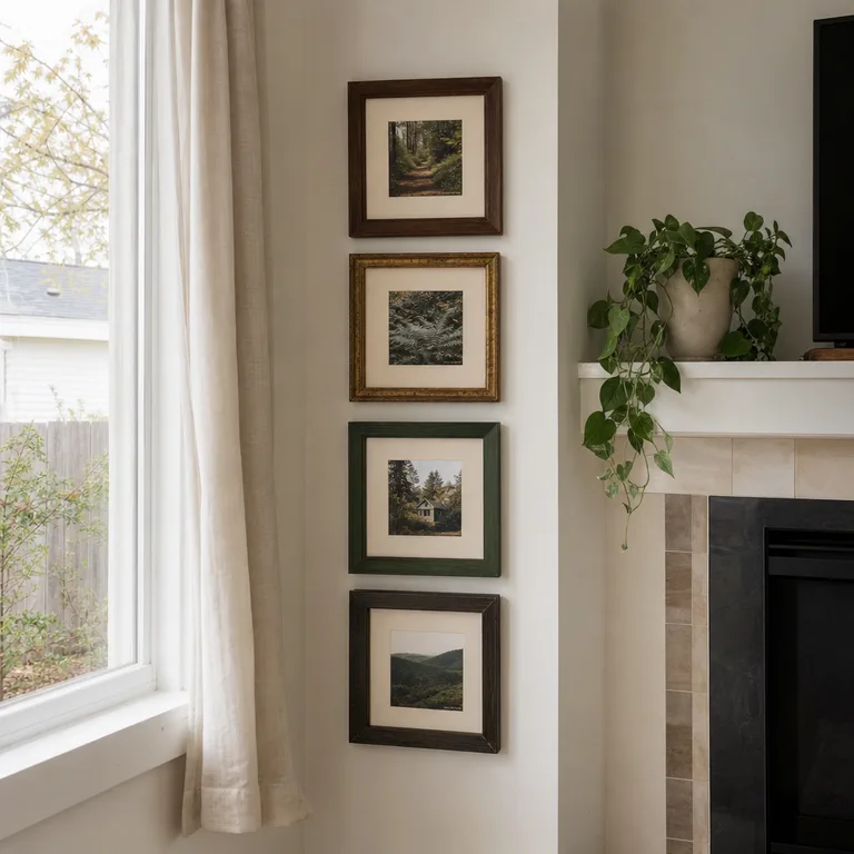 A vertical stack of mismatched framed pictures on the narrow wall beside a living-room window.