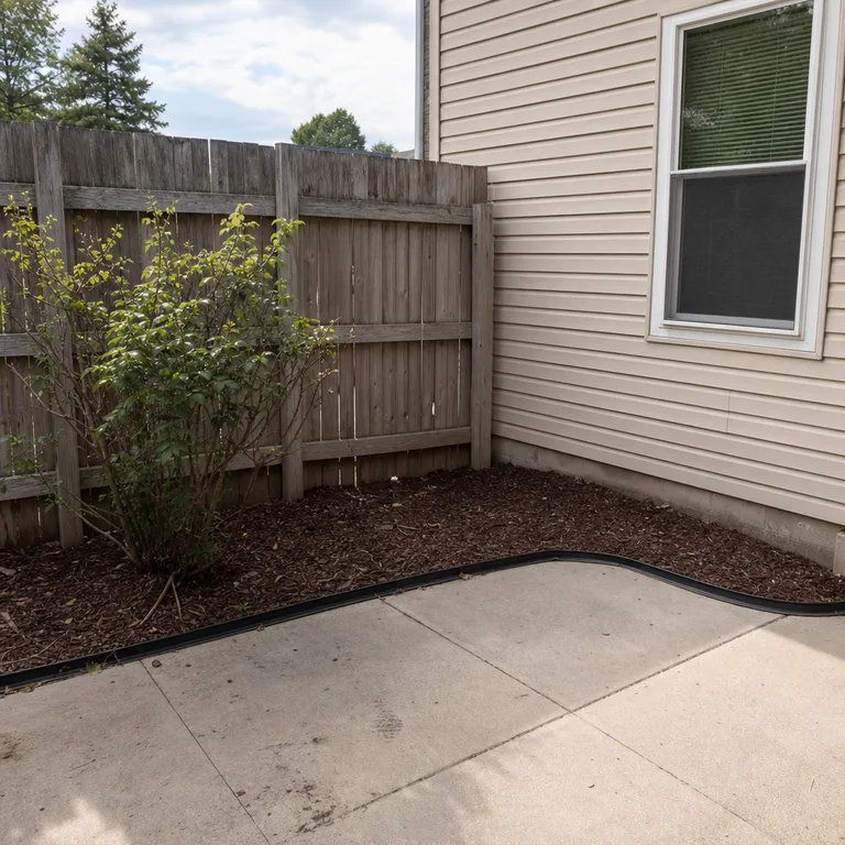 Bark mulch contained by black edging in a small dirt corner beside a concrete patio.