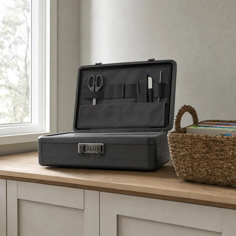 Locking hard-shell craft case holding sharp tools on a low living-room cabinet.