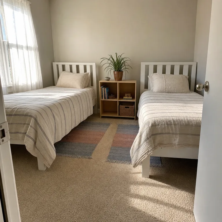 Two twin beds in a shared carpeted bedroom, each defined by a different small bedside rug.