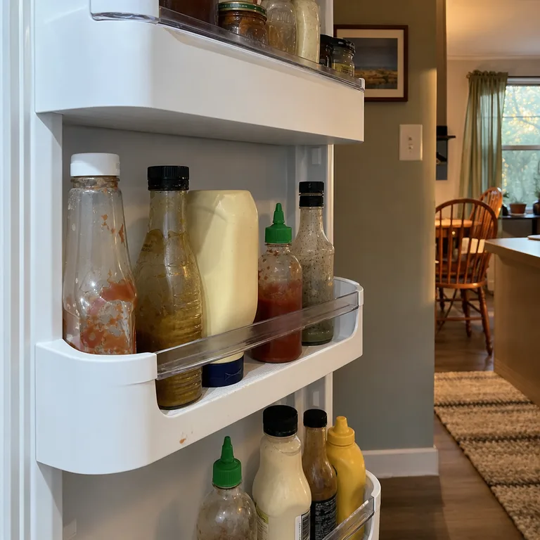 Refrigerator door shelves with condiments arranged in visible rows.