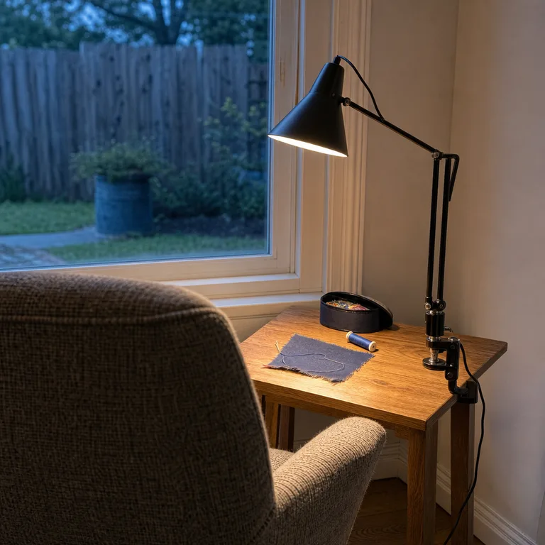 Clamp-on task light focused on a small side-table hand-stitching setup beside an armchair.