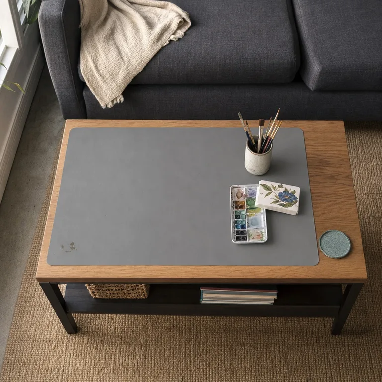Silicone work mat protecting a coffee table during a watercolor craft project.