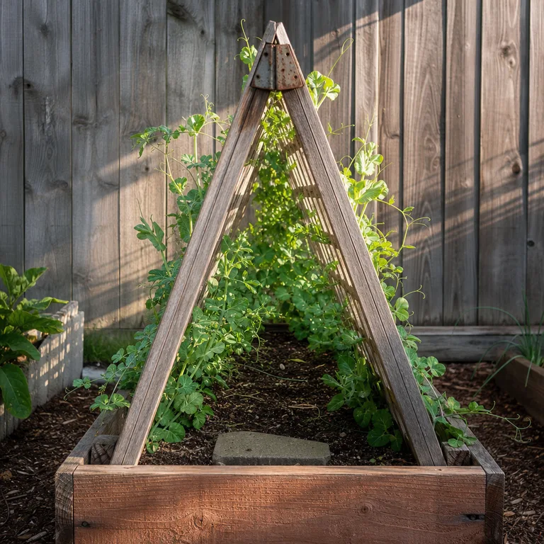 Wooden folding A-frame trellis supporting peas in a narrow raised bed.