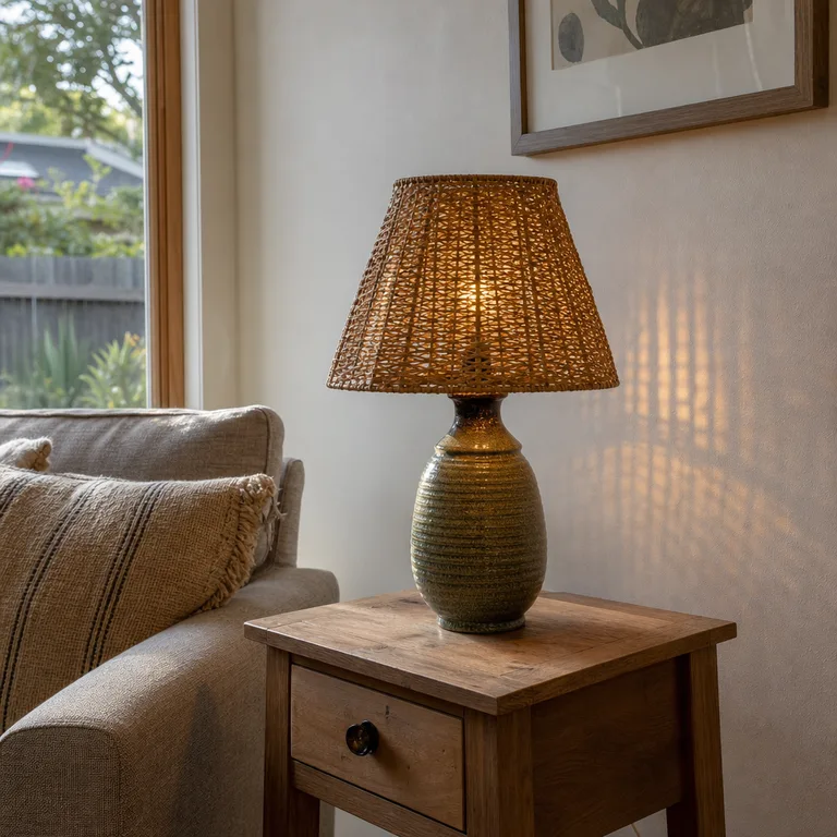 A table lamp with an open-weave rattan shade on a living room side table.