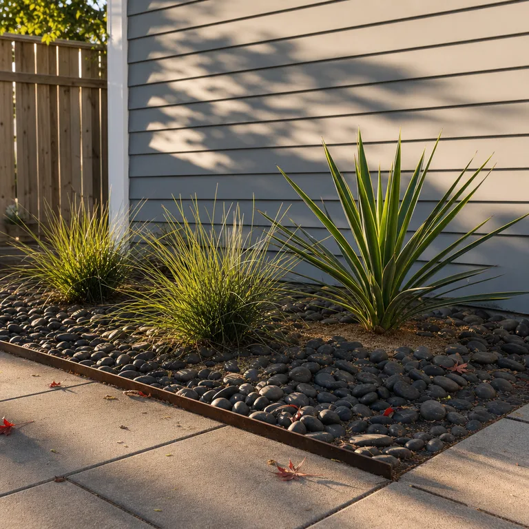 Dark river rocks and drought-tolerant plants in a sunny patio corner.