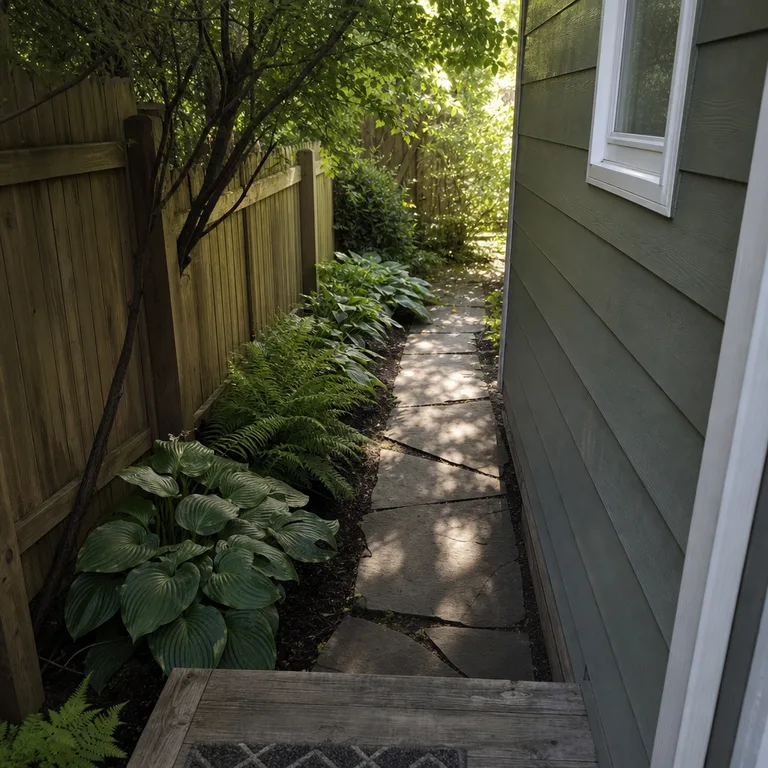 Single border of hostas and ferns along a fence beside a clear flagstone path in a shaded side yard.