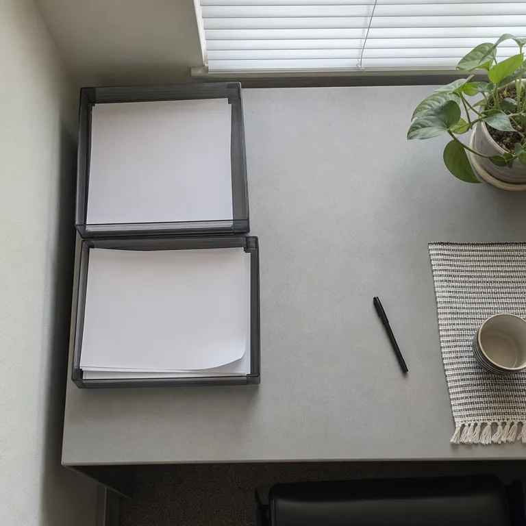 Two stackable paper trays separate incoming documents from finished paperwork on a shared desk.