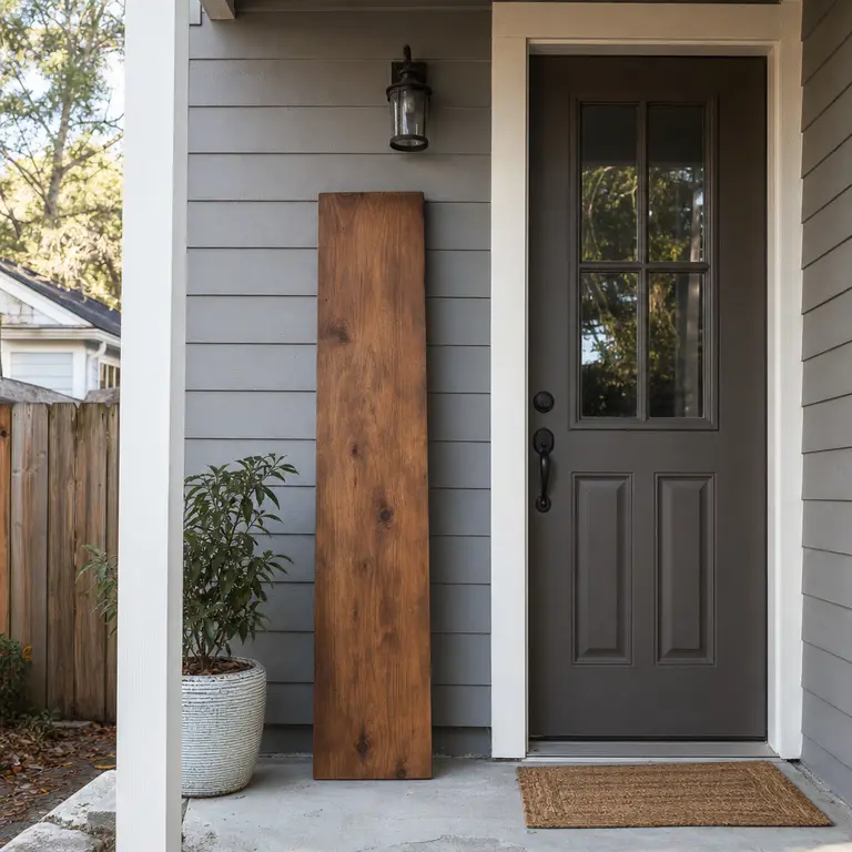 A tall narrow decorative board leans beside a small front entrance.