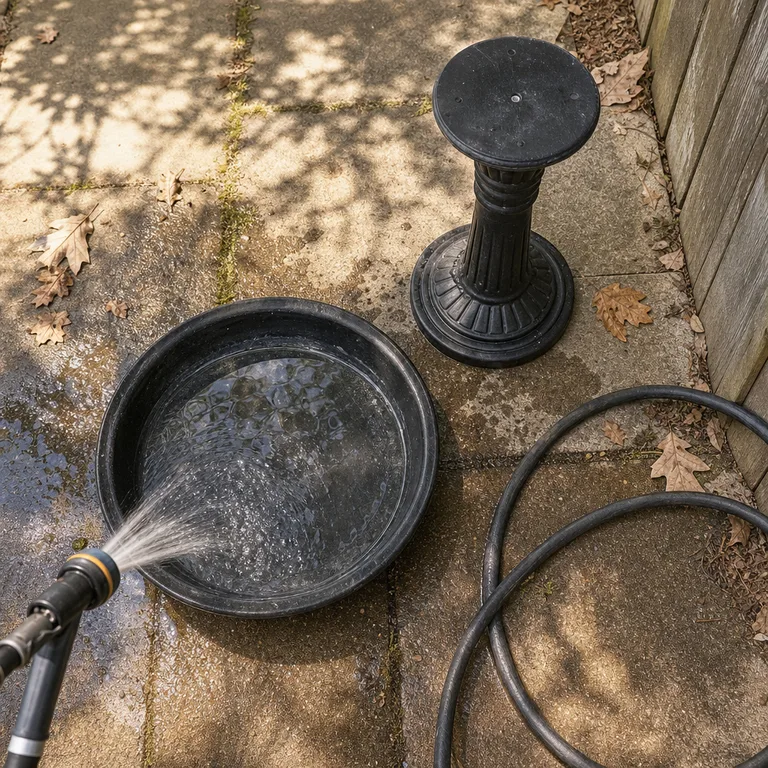 A removable bird-bath bowl is rinsed clean on a concrete patio with fallen leaves nearby.