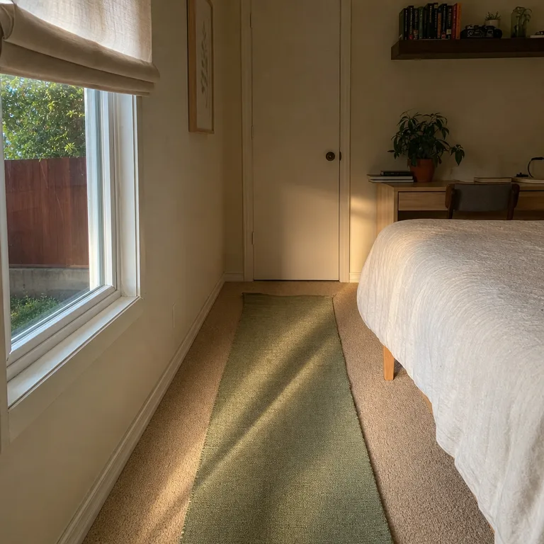 Long green runner connecting a bed area to the window in a narrow carpeted bedroom.
