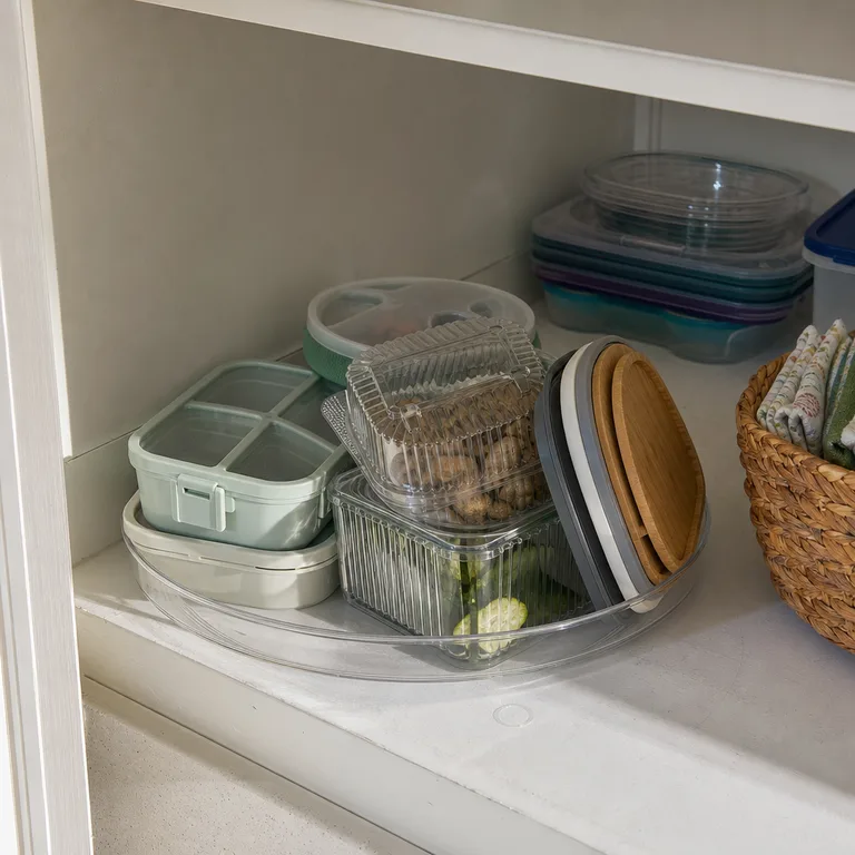 A turntable in a pantry corner holding odd-shaped reusable food containers.