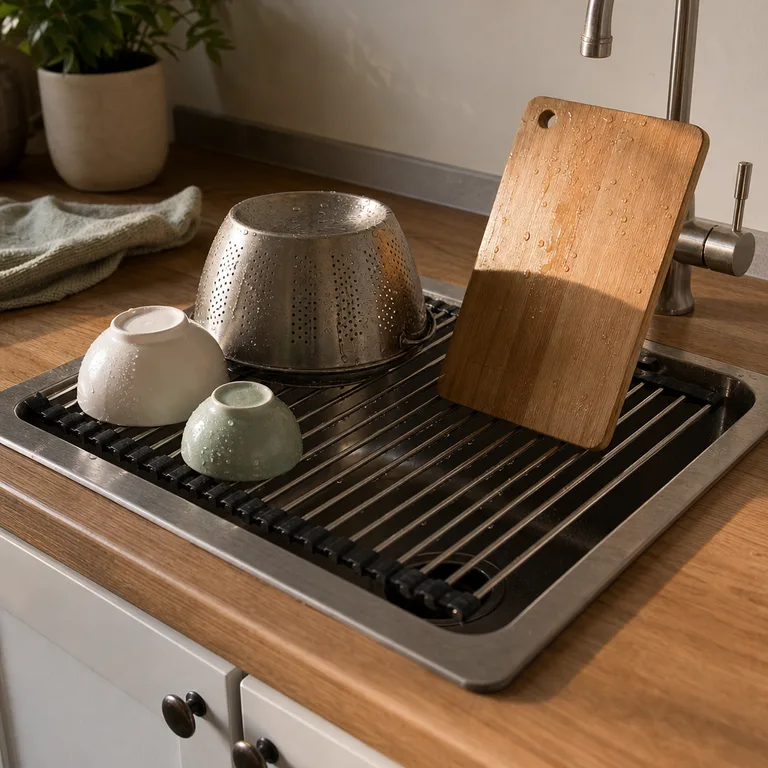 Black-edged roll-up rack spanning a small sink with bowls, a colander, and a cutting board draining above it.