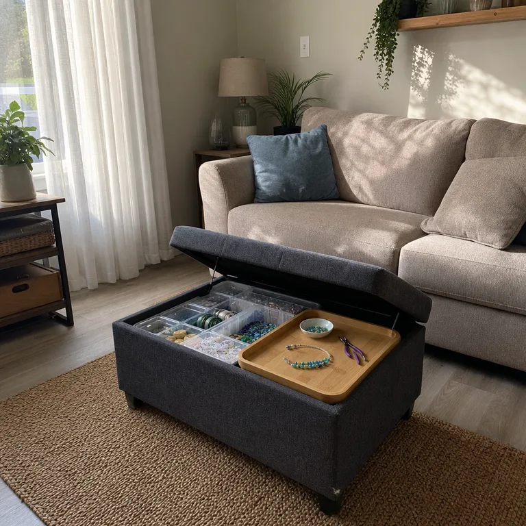 Open fabric storage ottoman in a small living room holding organized craft supplies and a bamboo work tray.