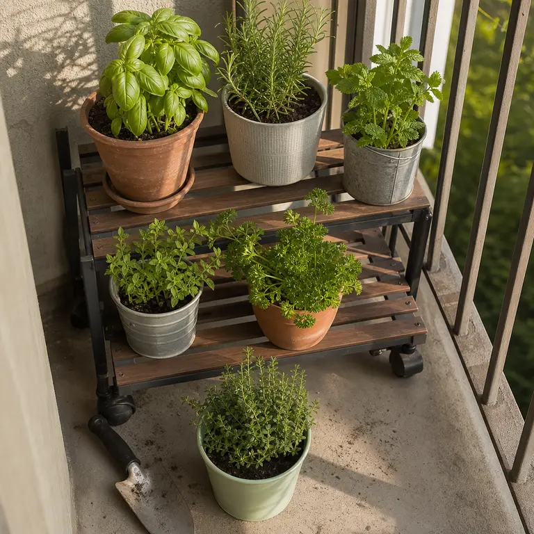 Potted herbs on a movable stand create a compact balcony herb garden.