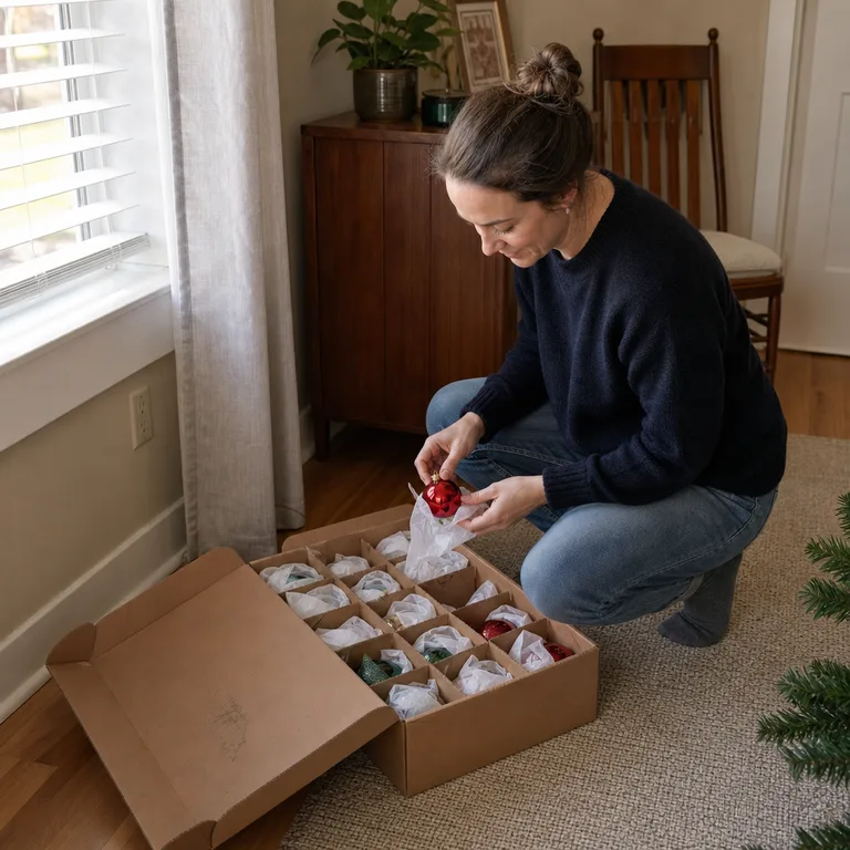 A shallow cardboard box divided into padded cells for storing fragile Christmas ornaments.